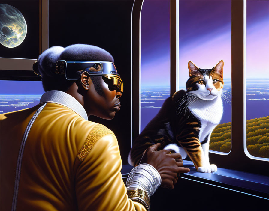 Futuristic person and cat observing celestial view from spaceship window