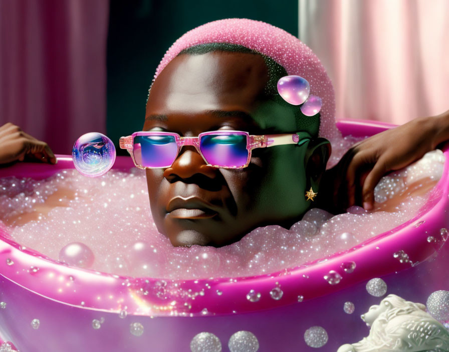 Person in Pink Bubble Bath with Reflective Sunglasses and Whimsical Details