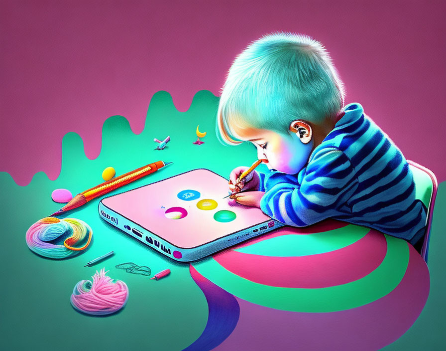 Child Drawing on Digital Tablet Surrounded by Colorful Art Supplies