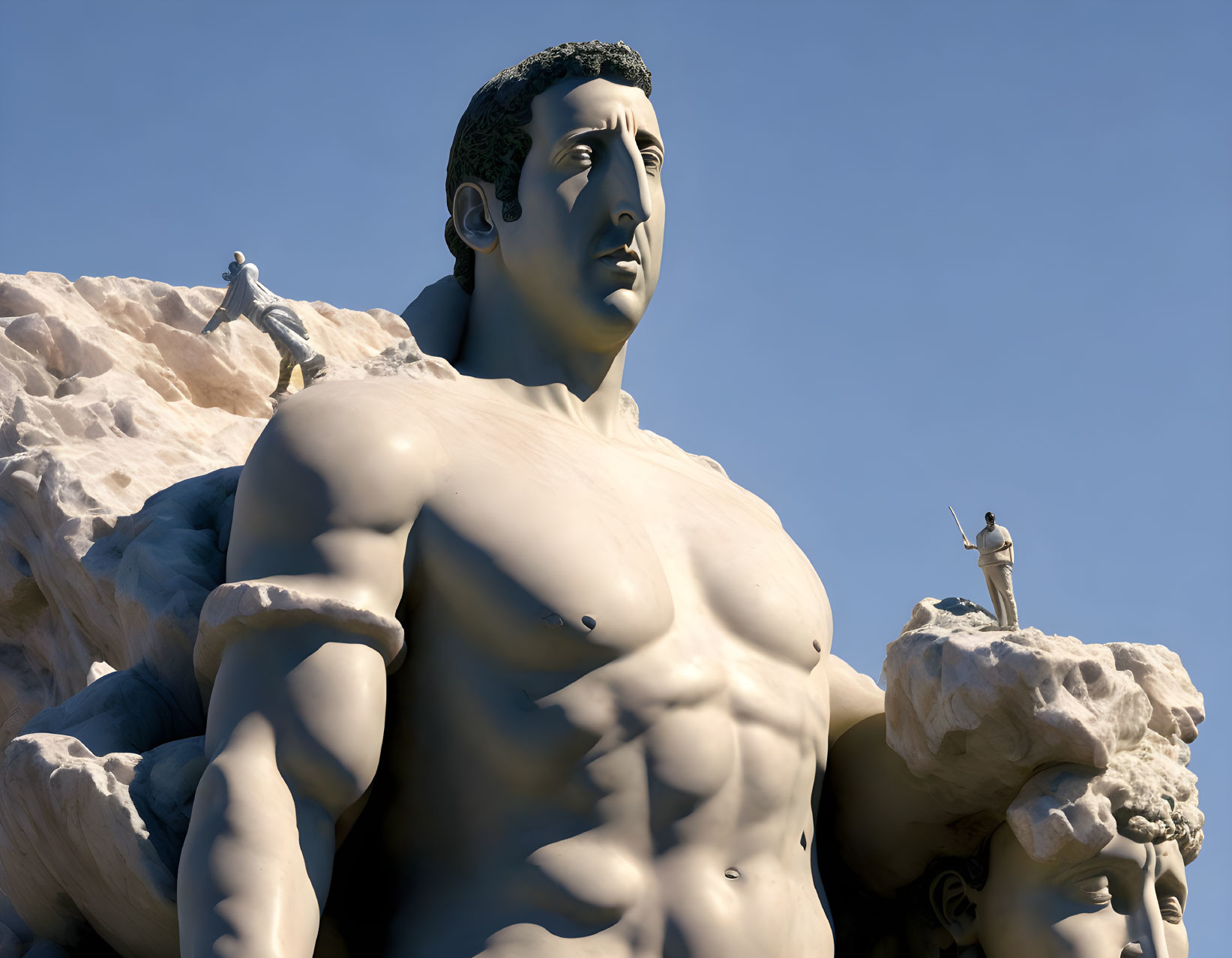 Muscular male statue with seagulls under clear blue sky