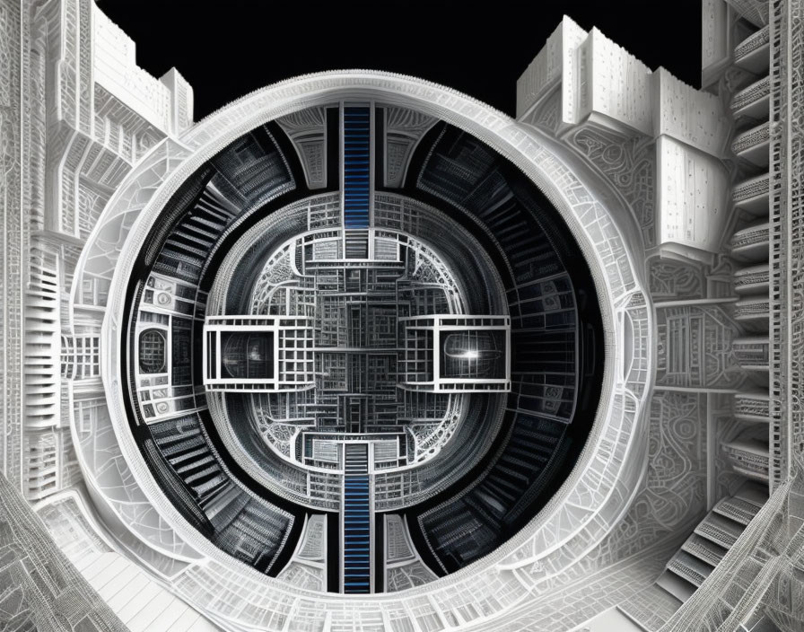 Futuristic tunnel with intricate patterns and advanced architecture in black and white surroundings