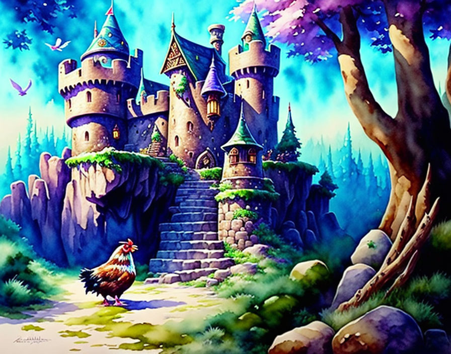 Colorful painting of castle on cliff with rooster and birds in lush forest