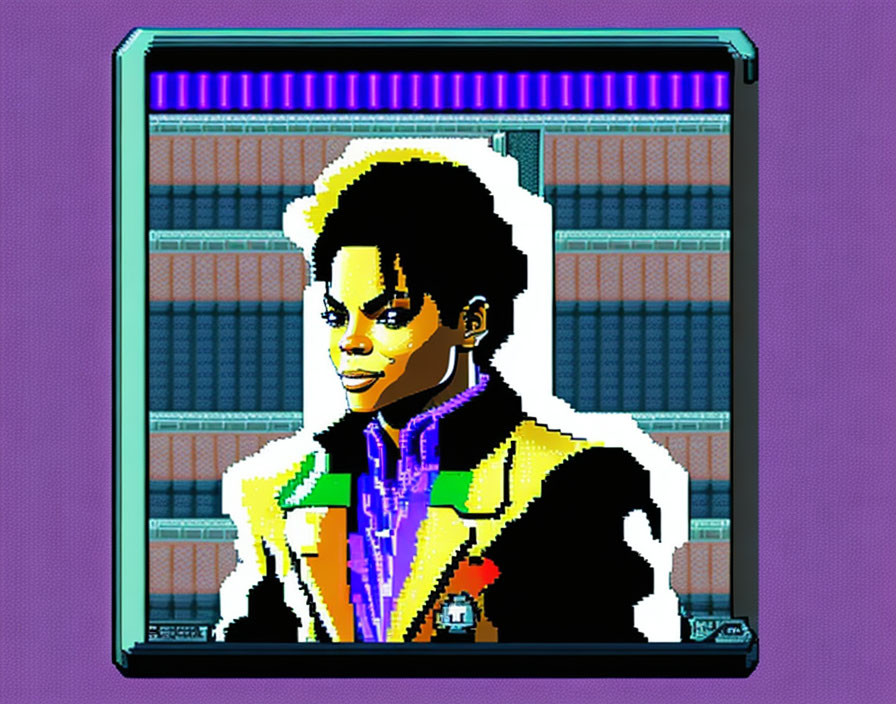 Person with Iconic Hairstyle & Colorful Jacket Pixel Art on Vintage Computer Screen Background