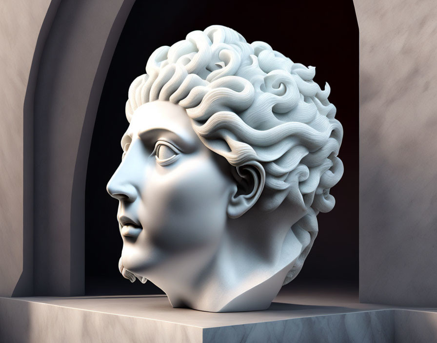 Classical sculpture head with curly hair in arched niche with soft lighting