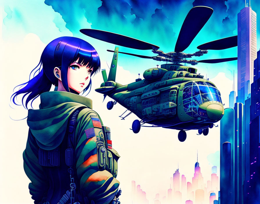 Blue-Haired Girl in Military Gear with Helicopters in Futuristic Cityscape