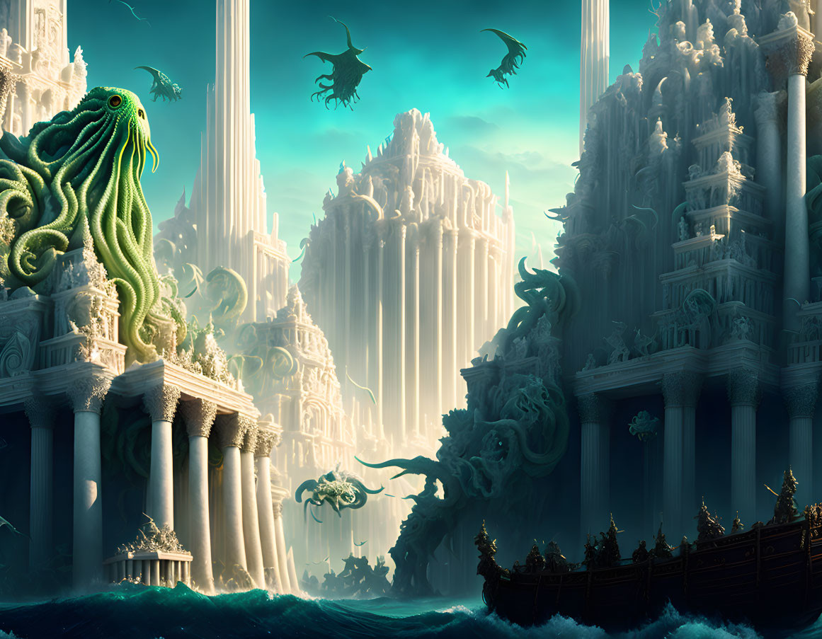 Fantastical underwater scene with Greek ruins, tentacled creatures, and flying beasts.