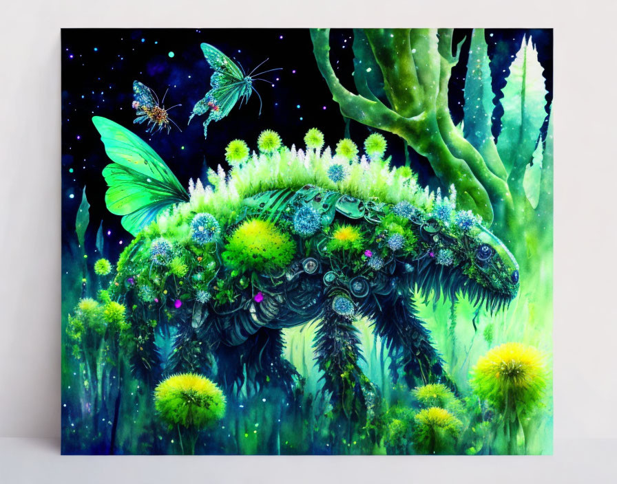 Fantastical chameleon creature with foliage and butterflies on starry sky backdrop