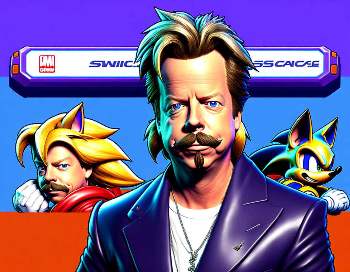 Man with Mustache and Mullet Surrounded by Animated Characters on Vibrant Blue and Orange Background