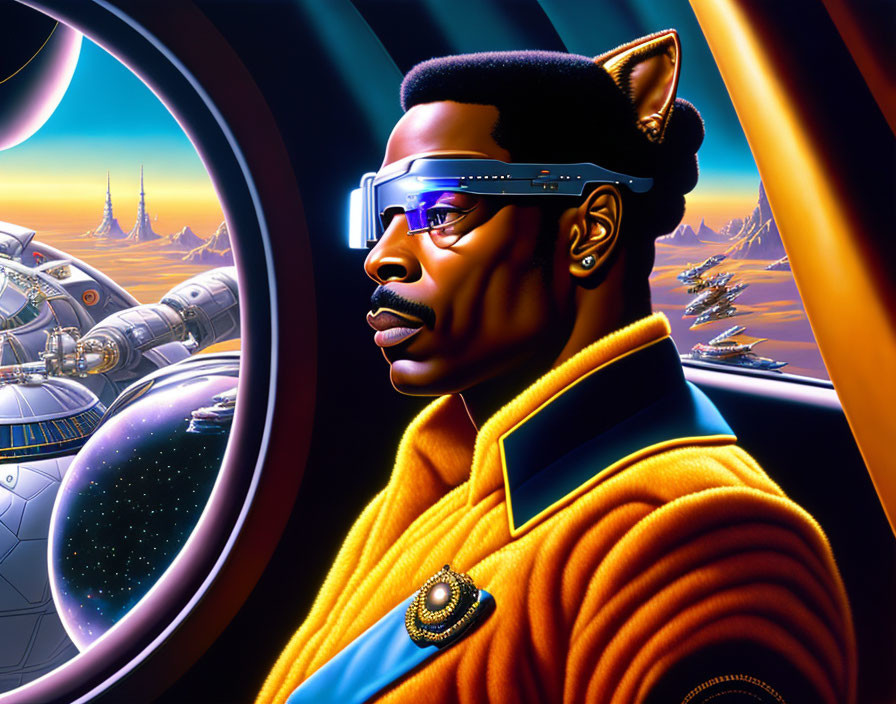 Futuristic illustration of person in visor glasses and yellow jacket in space landscape