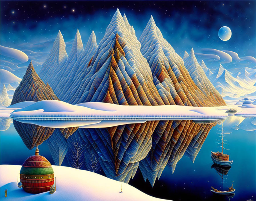 Stylized snow-covered mountains, icy water, ships, colorful building, night sky.