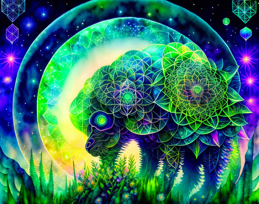 Colorful Psychedelic Ram Illustration with Fractal-Patterned Fleece