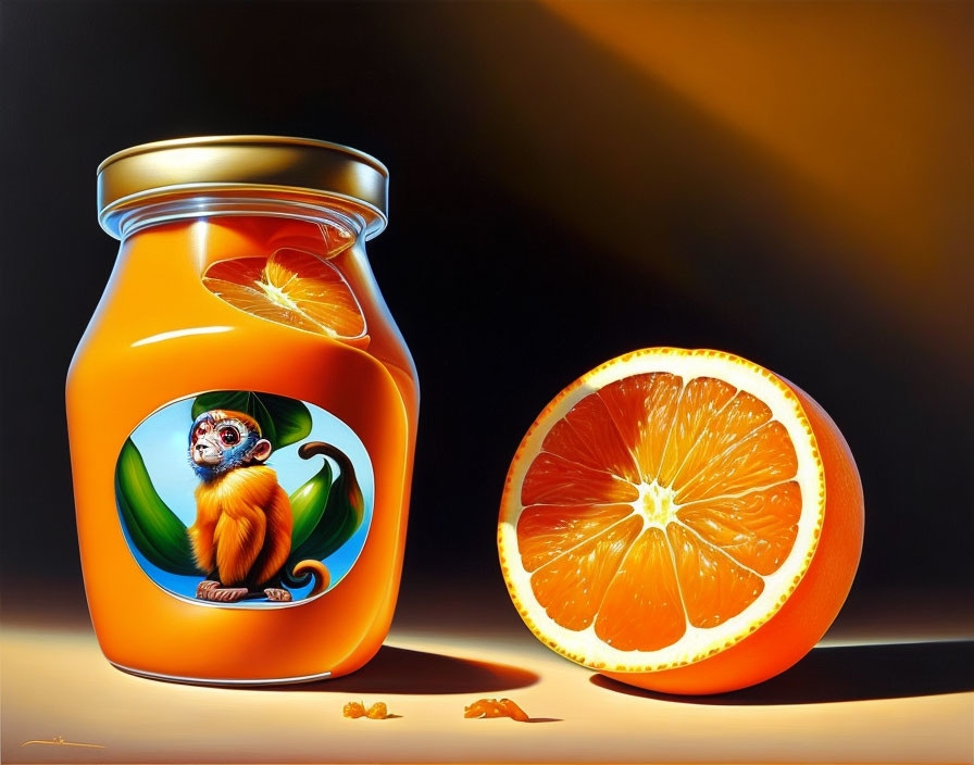 Hyperrealistic Image: Jar of Orange Juice with Monkey Label and Sliced Orange under Sunbeam