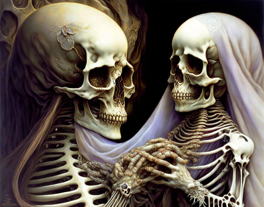 Illustration of two skeletons with a crown in dark, smoky setting