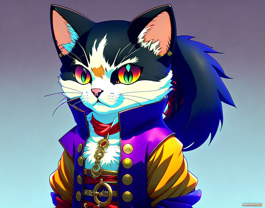 Multicolored-eyed cat in regal costume on purple background