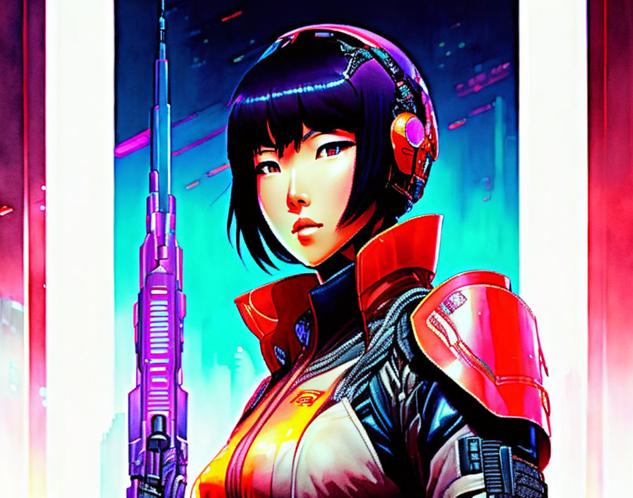 Female character in futuristic armor with helmet and rifle against neon-lit background
