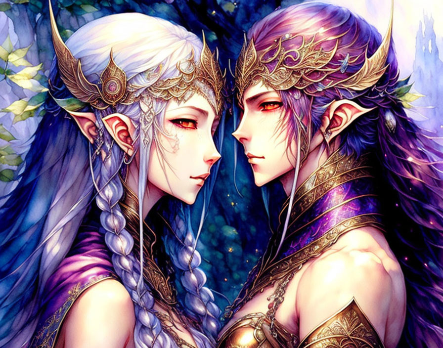 Ethereal elves with golden tiaras in vibrant purple setting