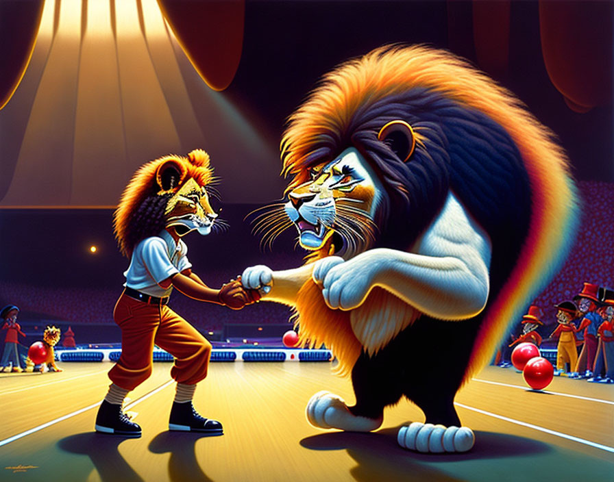 Illustration: Person and lion shaking hands in circus spotlight