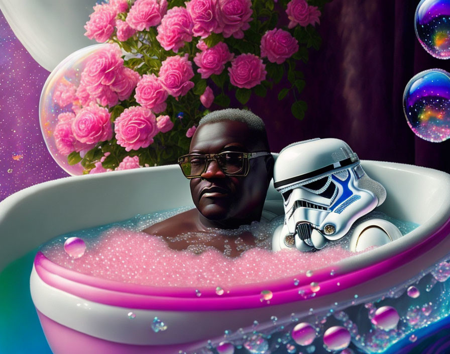 Person with glasses in bubble bath next to Stormtrooper helmet, soap bubbles, and pink roses.