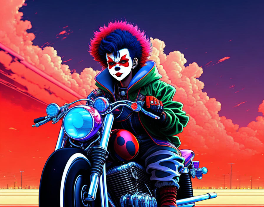 Punk Hairstyle and Clown Makeup Motorcycle Rider under Red and Purple Sky