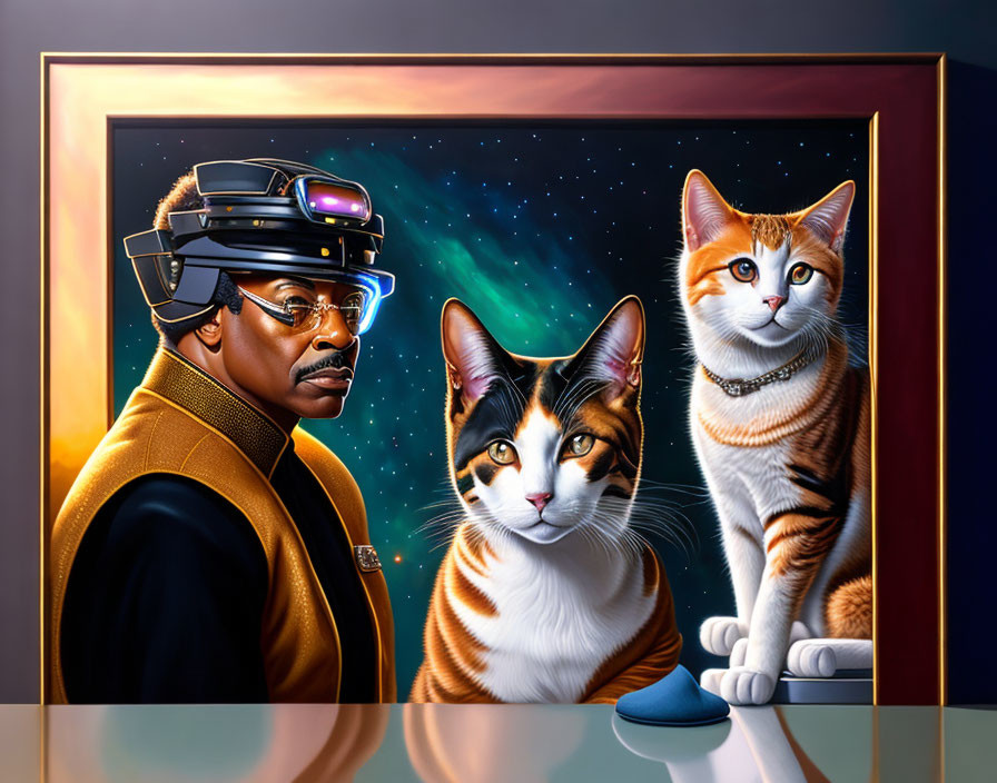 Futuristic man portrait with two realistic cats on table against starry backdrop