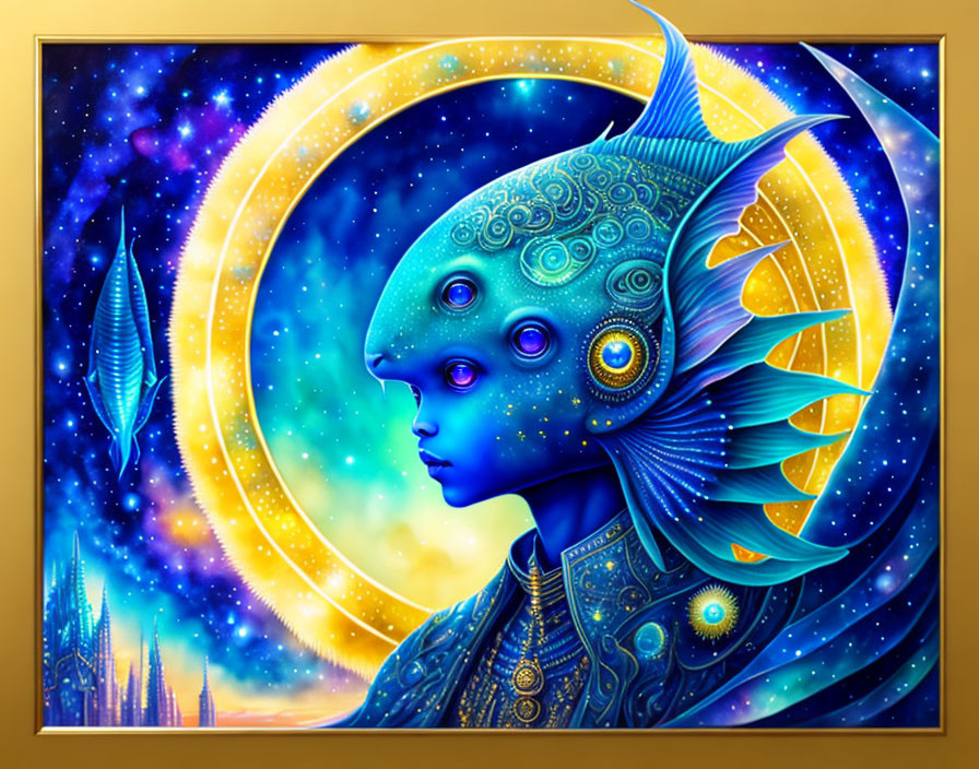 Colorful humanoid with fish-like features in cosmic setting.