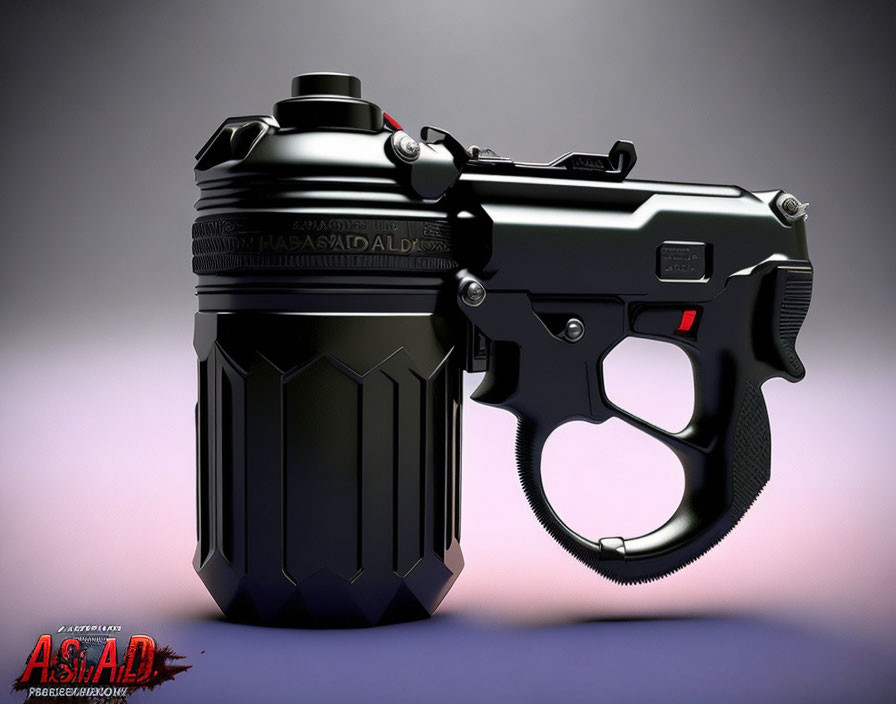 Futuristic black handgun with grenade-like attachment on violet-gray backdrop