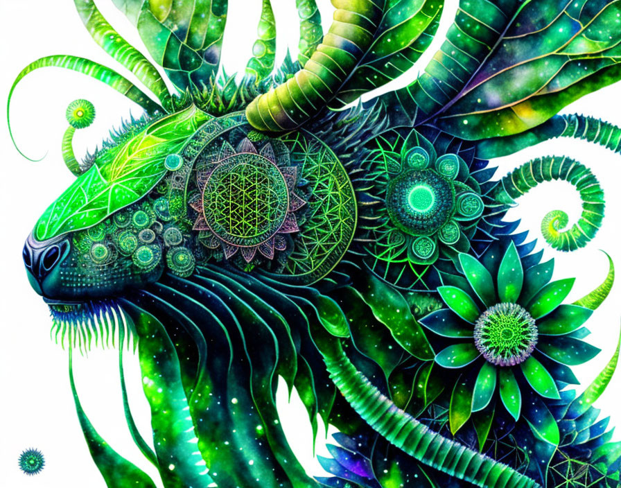 Colorful digital artwork of fantastical creature with plant and geometric elements