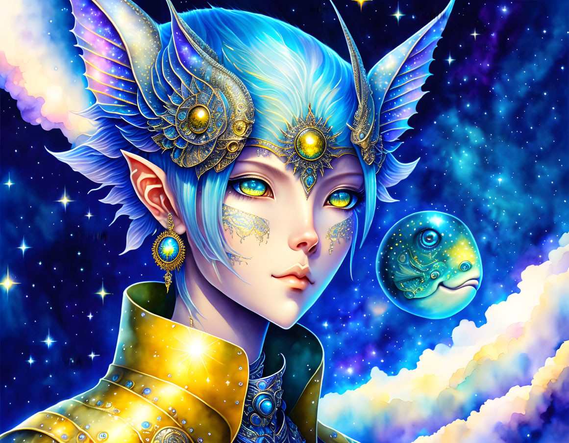 Fantasy character with blue hair and elfin ears, adorned with celestial jewelry, accompanied by a fish