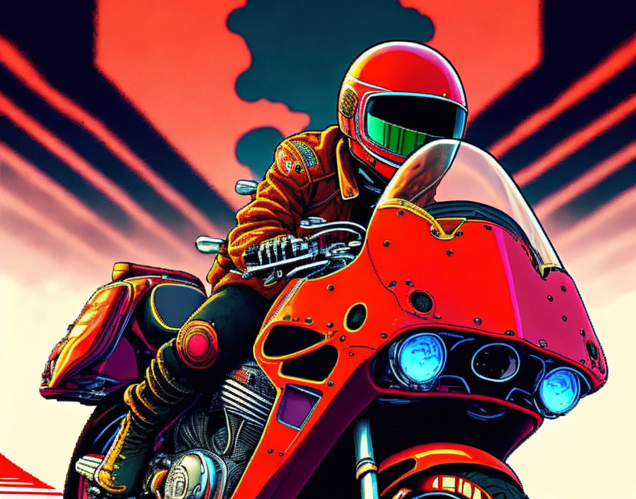 Person in Red Racing Suit Riding Red Motorcycle with Explosive Background