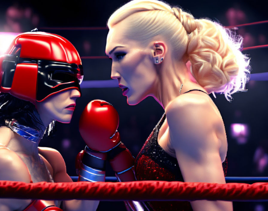 Female boxers in ring with protective headgear, one blonde and focused.