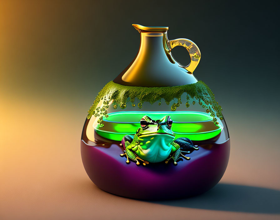 Colorful 3D illustration of green frog on purple potion bottle