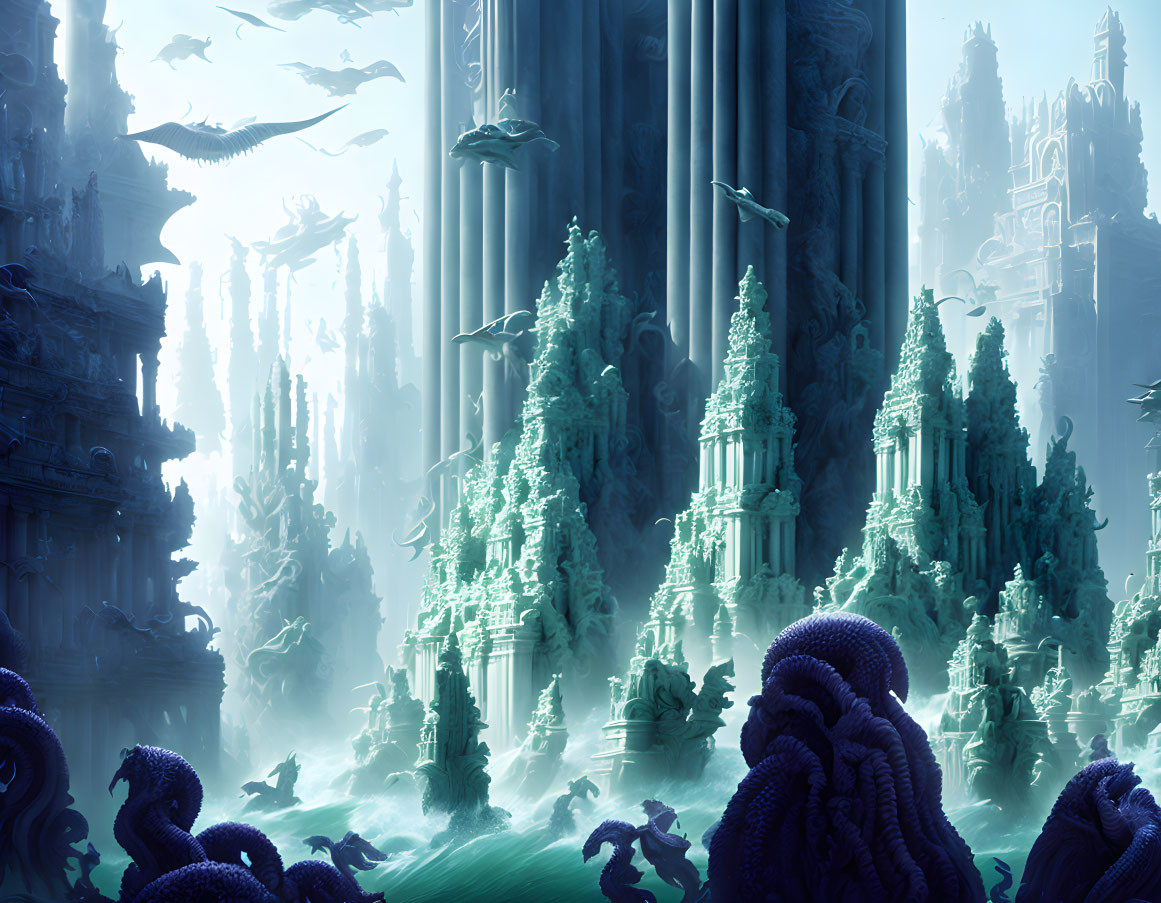 Underwater Scene with Towering Structures and Serpent-like Creatures