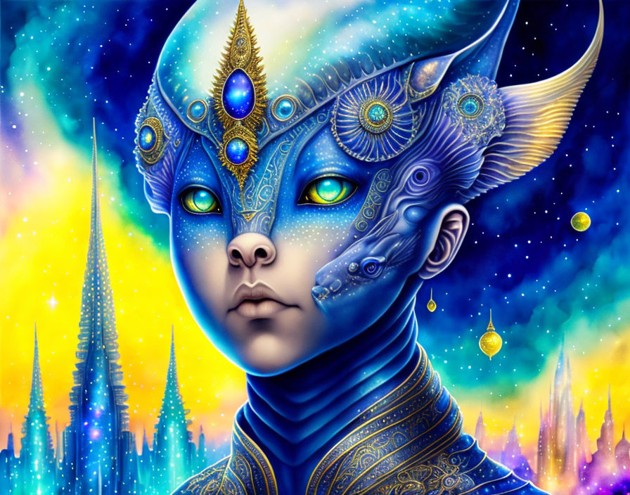 Colorful alien with blue skin and golden adornments in cosmic setting