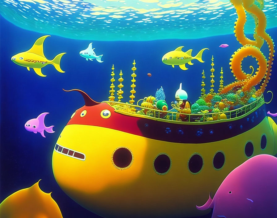 Vibrant Underwater Scene with Yellow Submarine and Marine Life