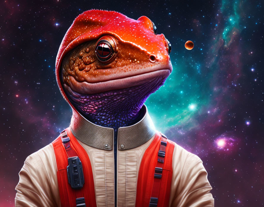 Anthropomorphic gecko in astronaut suit with cosmic nebula background
