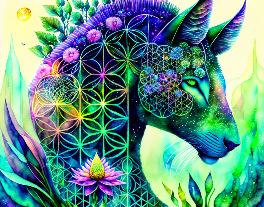 Colorful Psychedelic Cat Illustration with Floral and Geometric Patterns