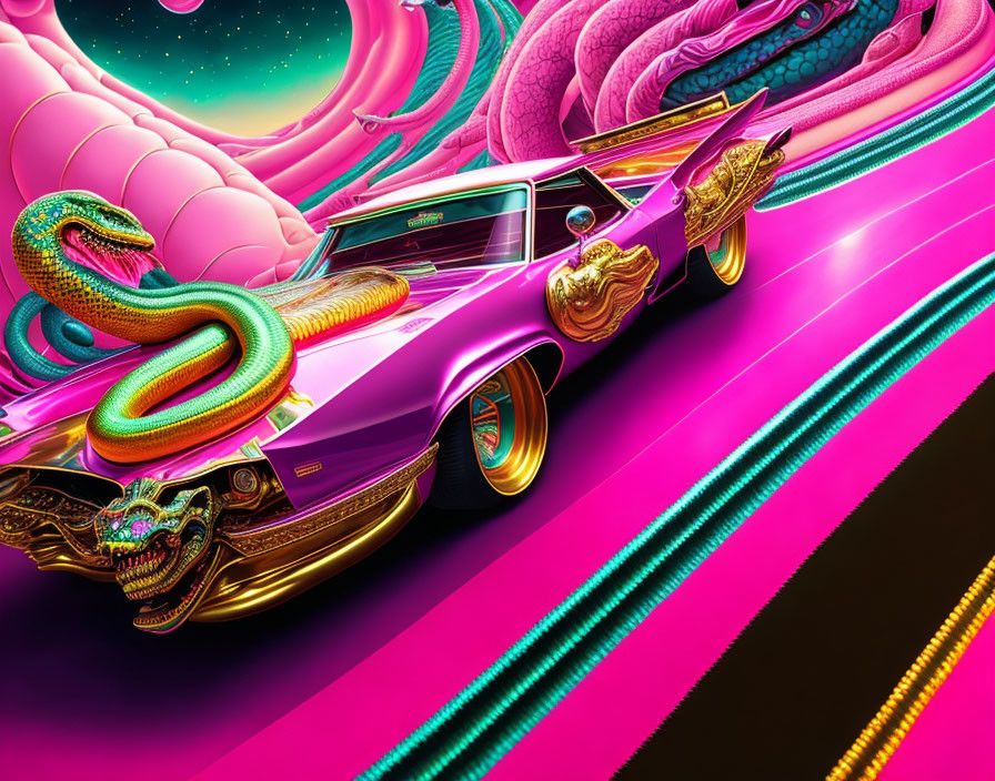 Neon-lit scene with pink classic car and stylized dragon under surreal sky