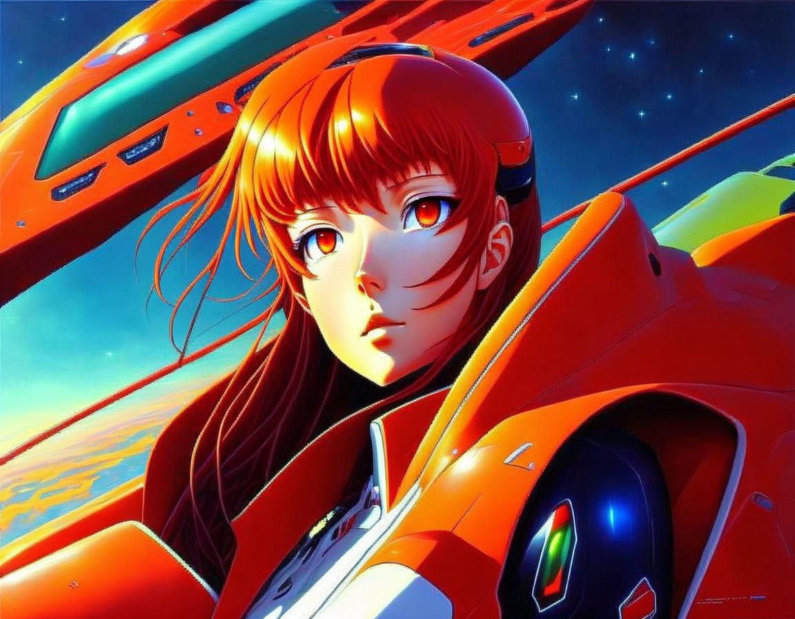 Red-Haired Anime Girl in Futuristic Pilot Suit with Cosmic Background