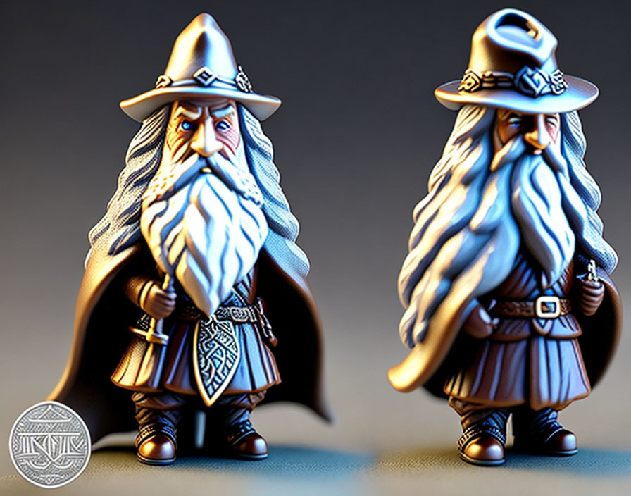 Stylized fantasy wizard figurines with long beard, hat, and cloak