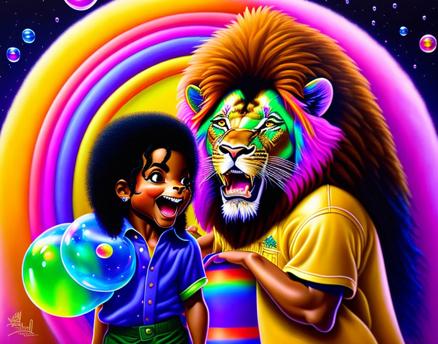 Colorful illustration of smiling child with afro playing with bubble next to anthropomorphic lion under rainbow and
