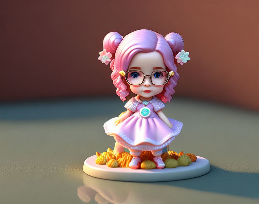 Stylized 3D illustration of doll with pink hair, glasses, lavender dress, on base