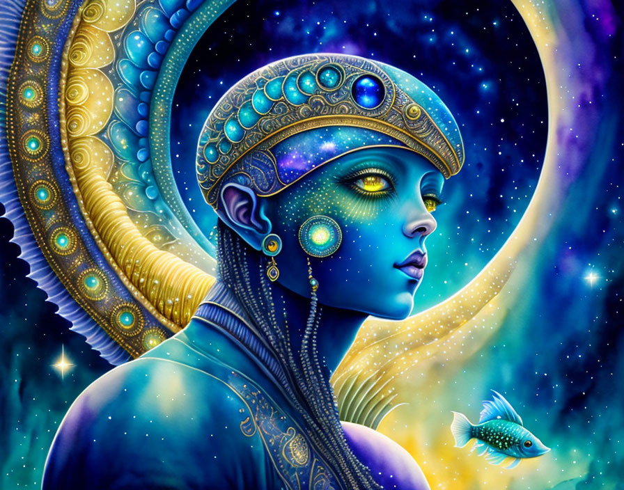 Blue-skinned female figure with cosmic headdress in vibrant digital artwork