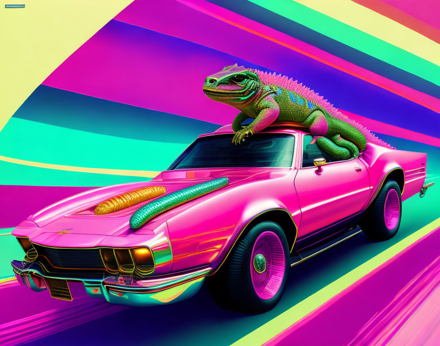 Colorful digital artwork: Metallic pink classic car with chameleon on neon rainbow background