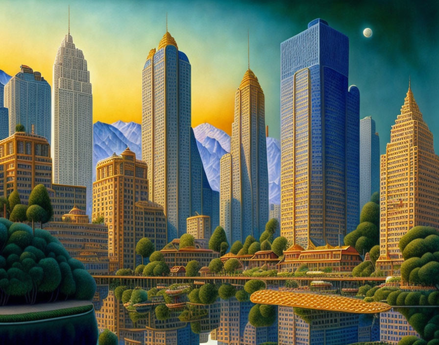 Cityscape painting with skyscrapers, trees, mountains, and moon at twilight