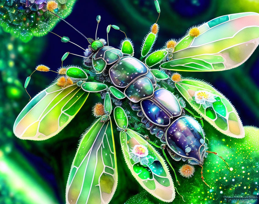 Colorful Insect with Translucent Wings in Vibrant Neon Flora