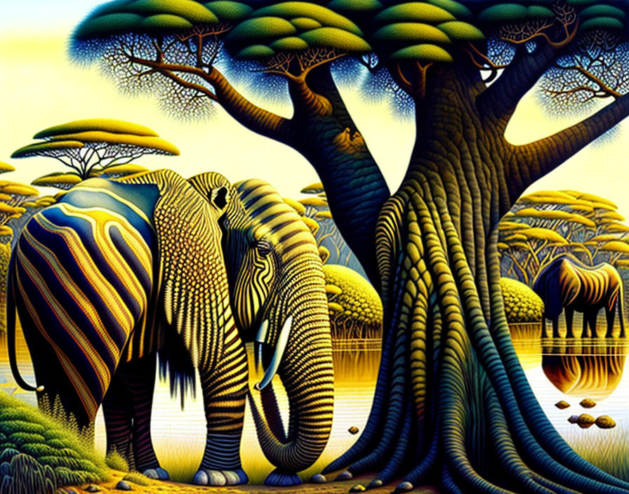 Vibrantly colored surreal landscape with stylized elephants and twisted trees