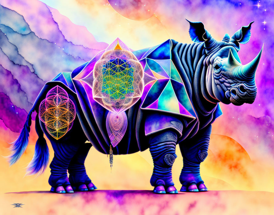 Colorful Rhinoceros Artwork with Geometric Patterns on Cosmic Background
