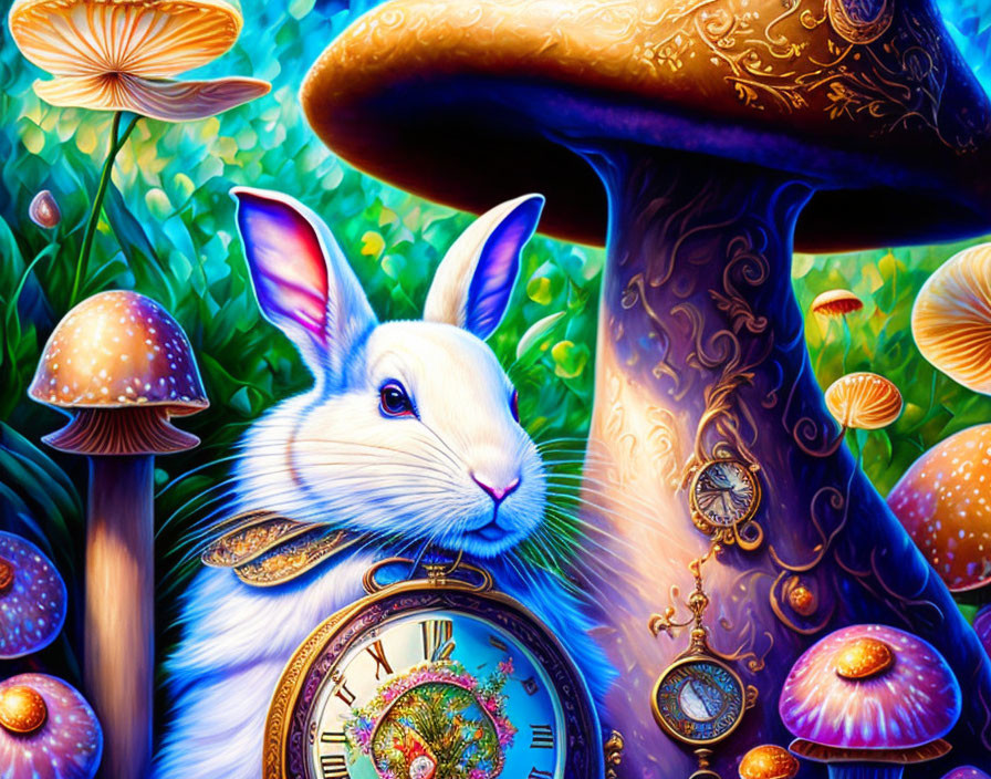 Detailed Illustration of White Rabbit with Pocket Watch in Enchanting Forest