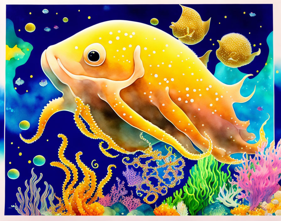 Colorful Underwater Scene: Smiling Cuttlefish Surrounded by Coral and Fish