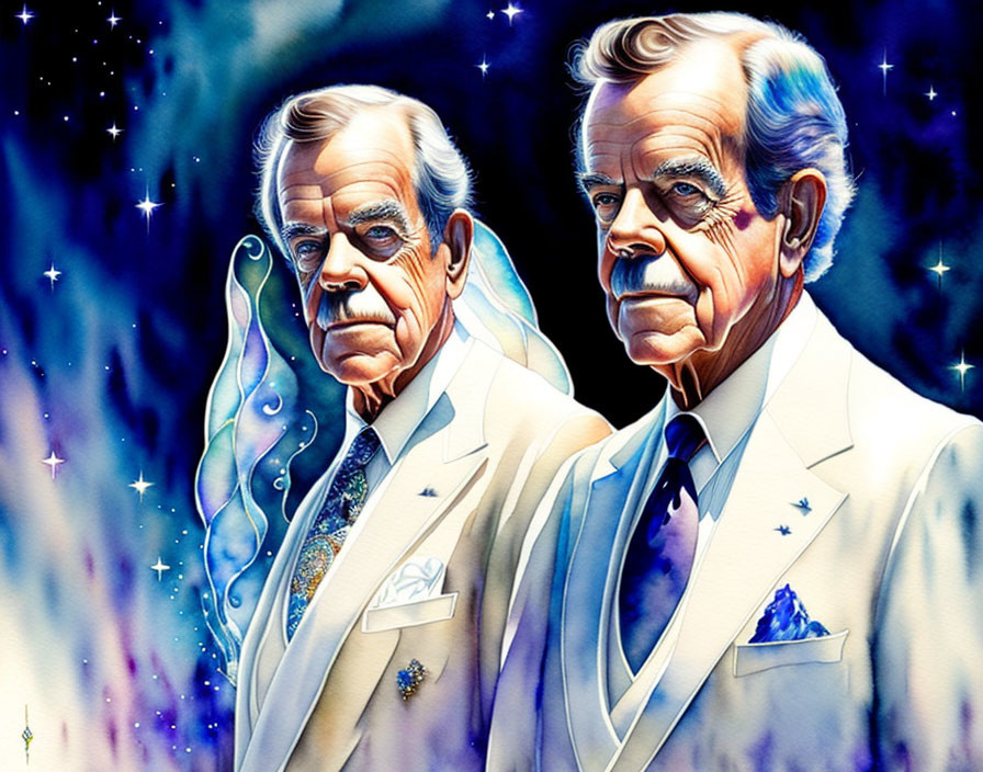 Twin men in white suits with cosmic-themed accessories on starry background